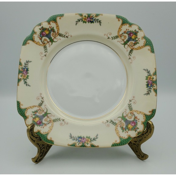 Gebruder Benedikt Other - Gebruder Benedikt Czechoslovakia Bread Plate Gilt Green Border Floral Basket 7"